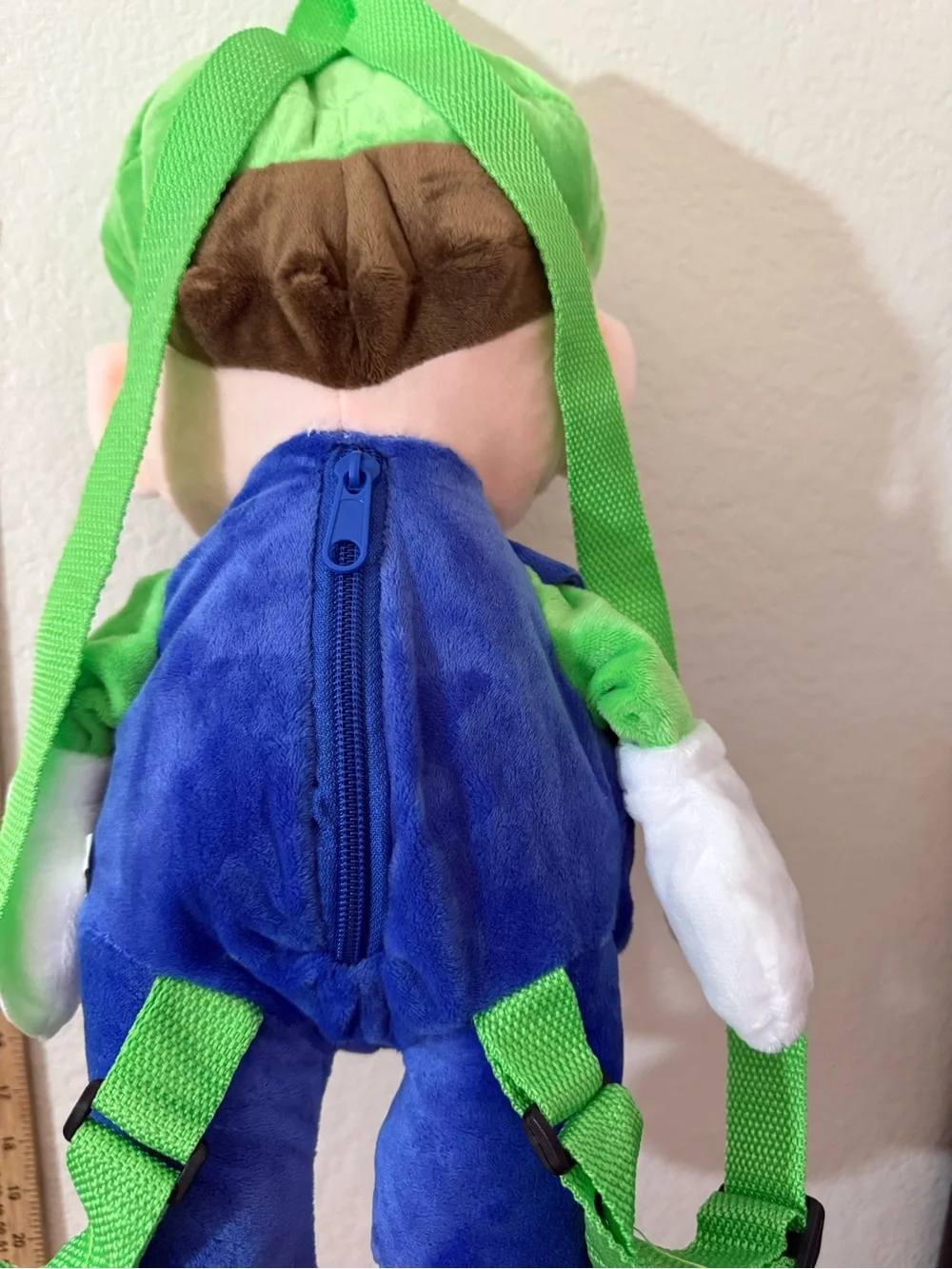 Luigi-Inspired Green Plush Backpack for Kids - Soft Green and Blue Toy